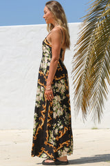 Radley Maxi Dress - Empire Line Sun Dress with Adjustable Straps in Evana Print Black