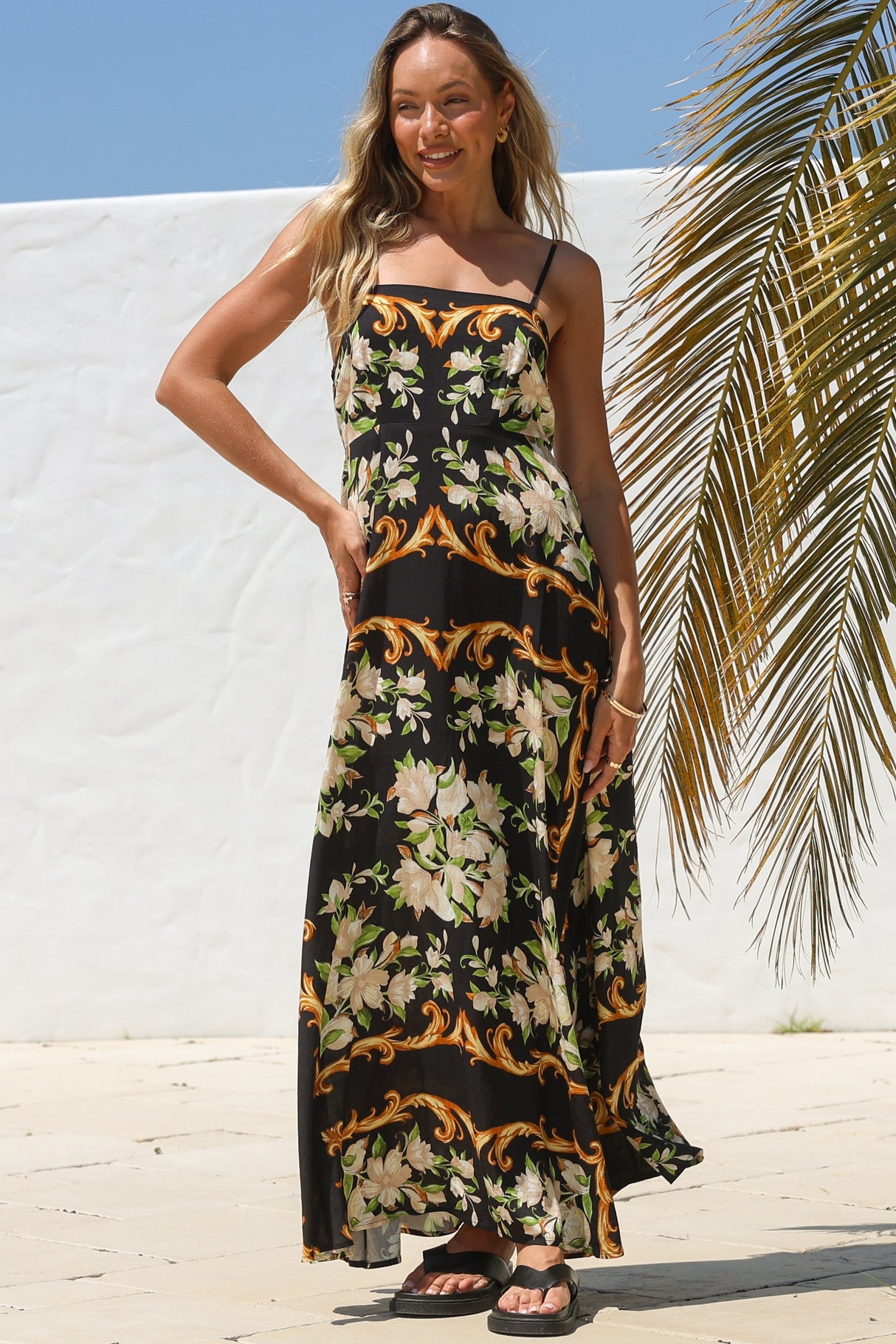 Radley Maxi Dress - Empire Line Sun Dress with Adjustable Straps in Evana Print Black