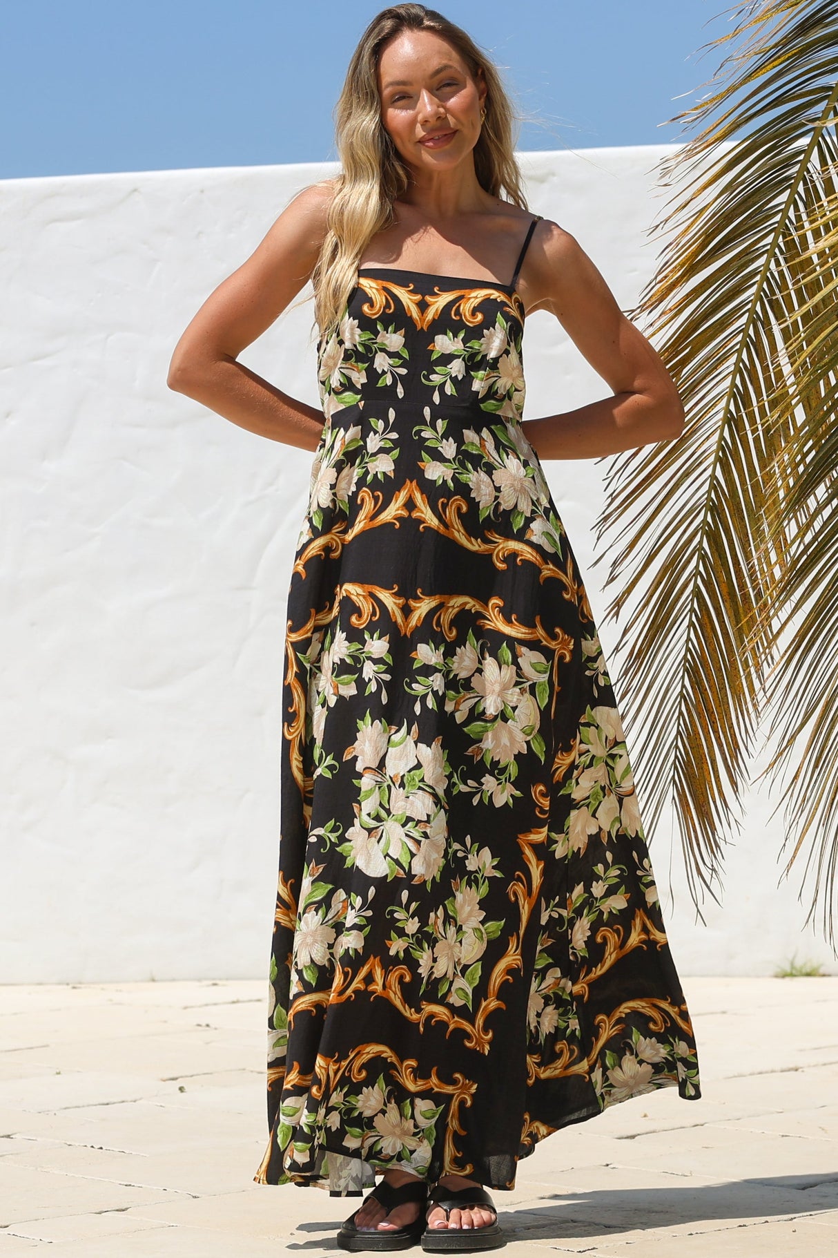 Radley Maxi Dress - Empire Line Sun Dress with Adjustable Straps in Evana Print Black