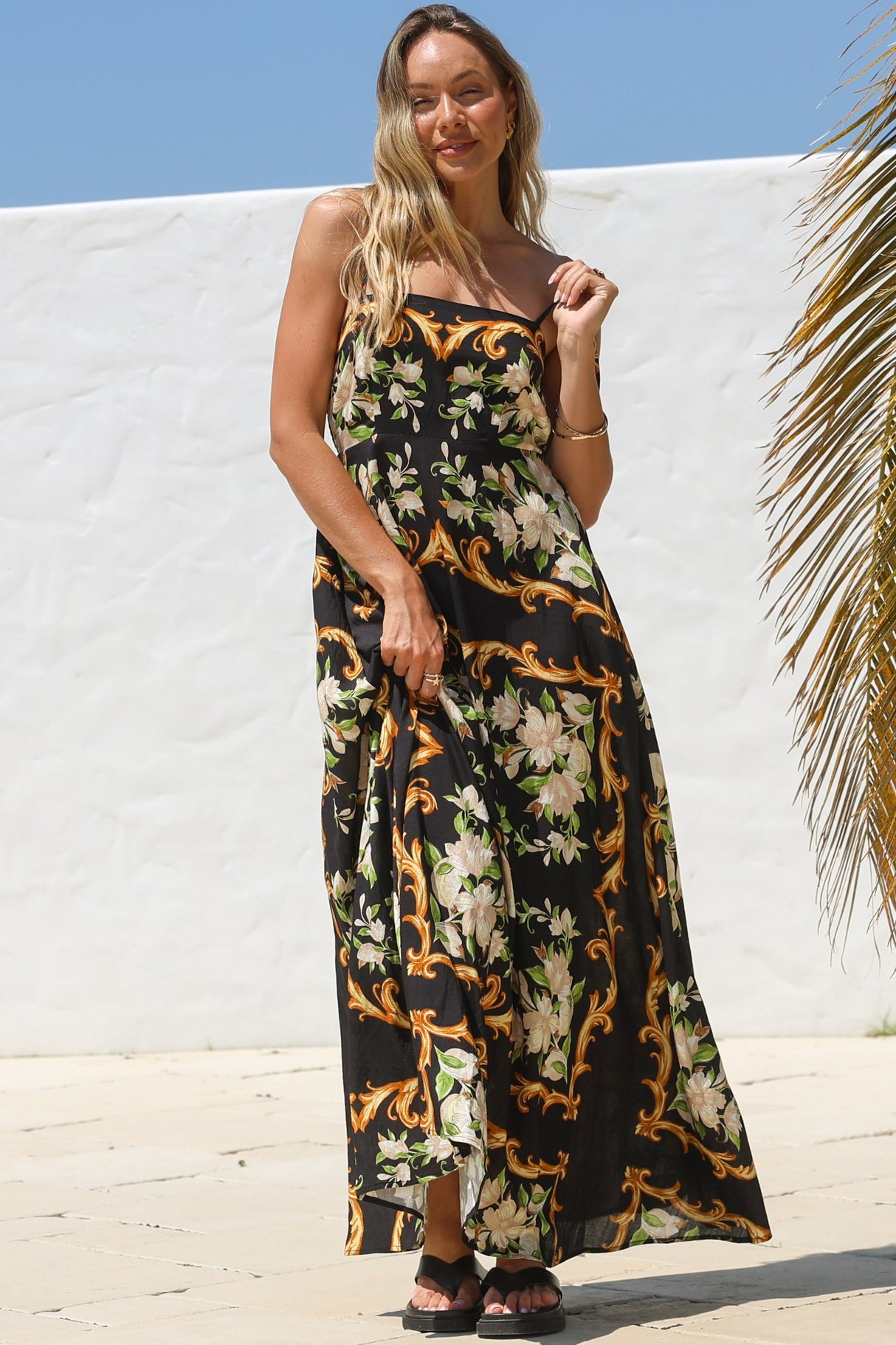 Radley Maxi Dress - Empire Line Sun Dress with Adjustable Straps in Evana Print Black