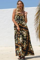 Radley Maxi Dress - Empire Line Sun Dress with Adjustable Straps in Evana Print Black