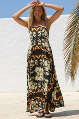 Radley Maxi Dress - Empire Line Sun Dress with Adjustable Straps in Evana Print Black