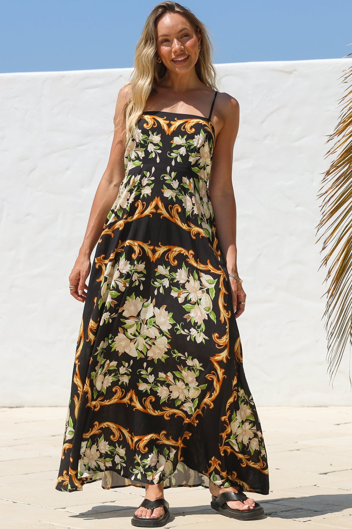 Radley Maxi Dress - Empire Line Sun Dress with Adjustable Straps in Evana Print Black