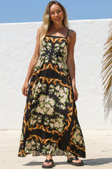 Radley Maxi Dress - Empire Line Sun Dress with Adjustable Straps in Evana Print Black