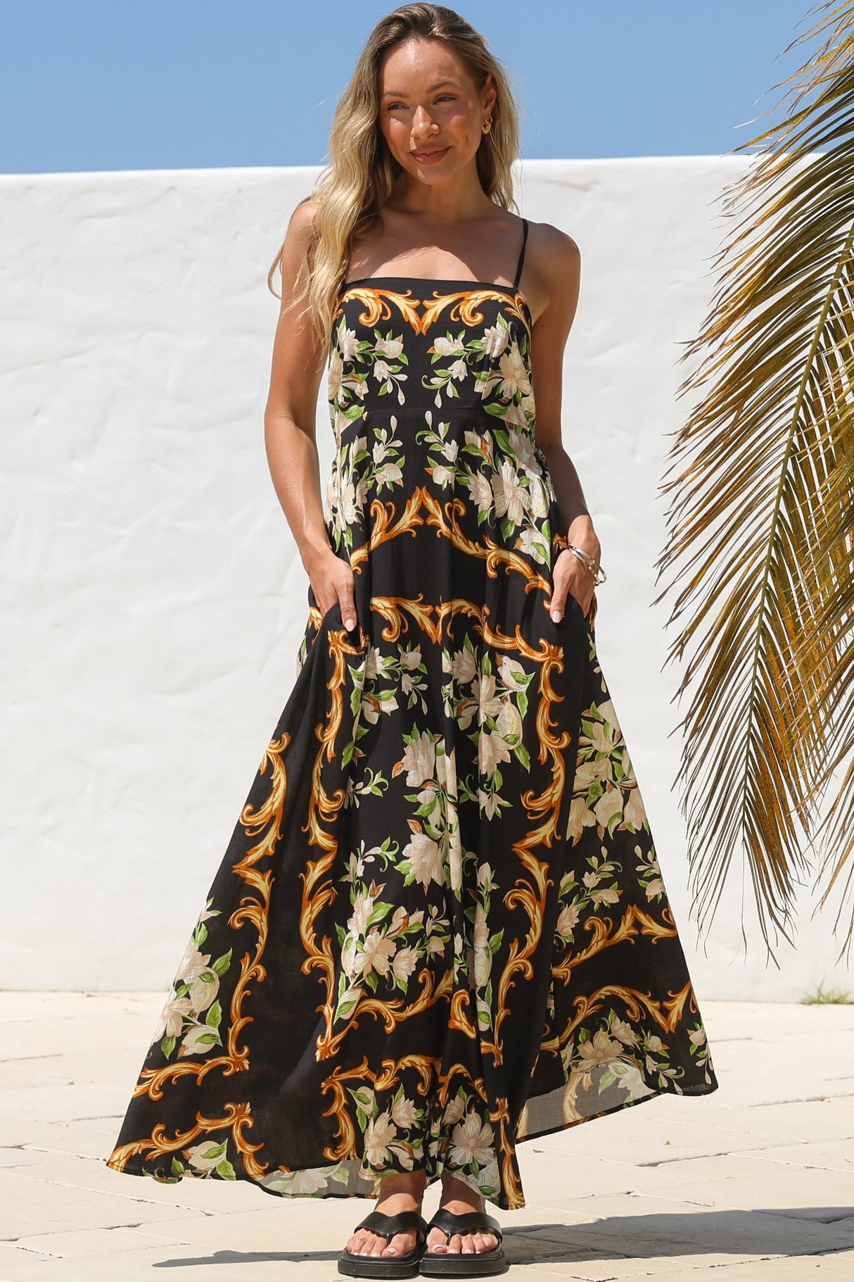 Radley Maxi Dress - Empire Line Sun Dress with Adjustable Straps in Evana Print Black