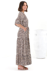 Rae Maxi Dress - Buttoned Bodice Pull Waist A Line Dress in Perrie Print