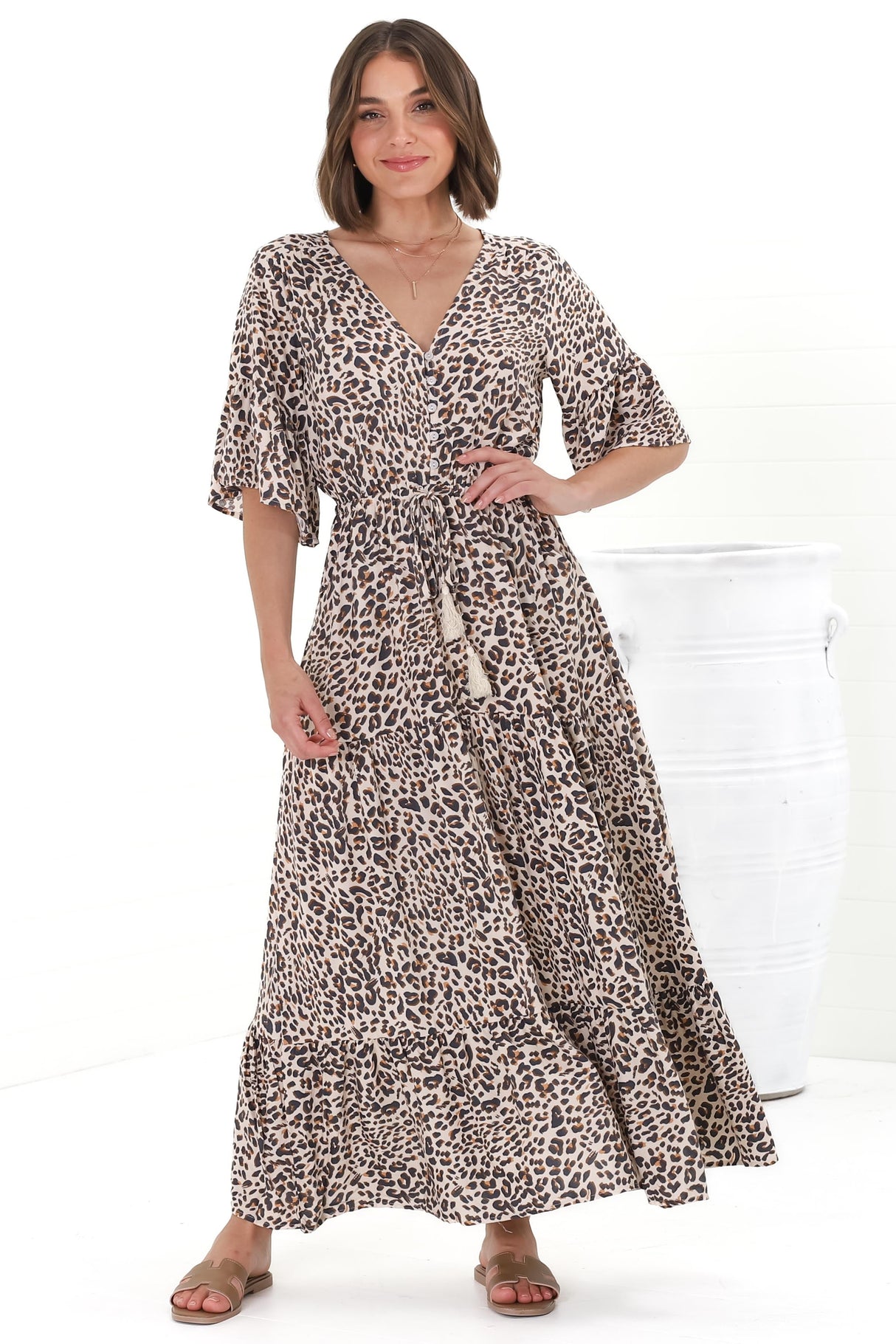 Rae Maxi Dress - Buttoned Bodice Pull Waist A Line Dress in Perrie Print