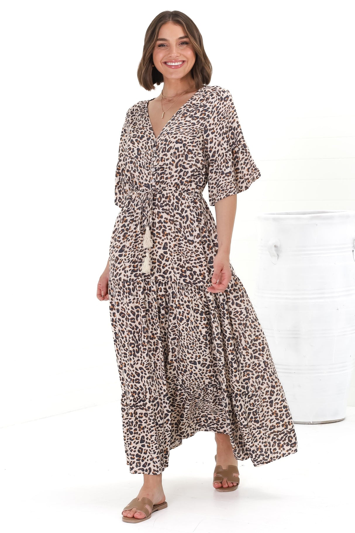 Rae Maxi Dress - Buttoned Bodice Pull Waist A Line Dress in Perrie Print