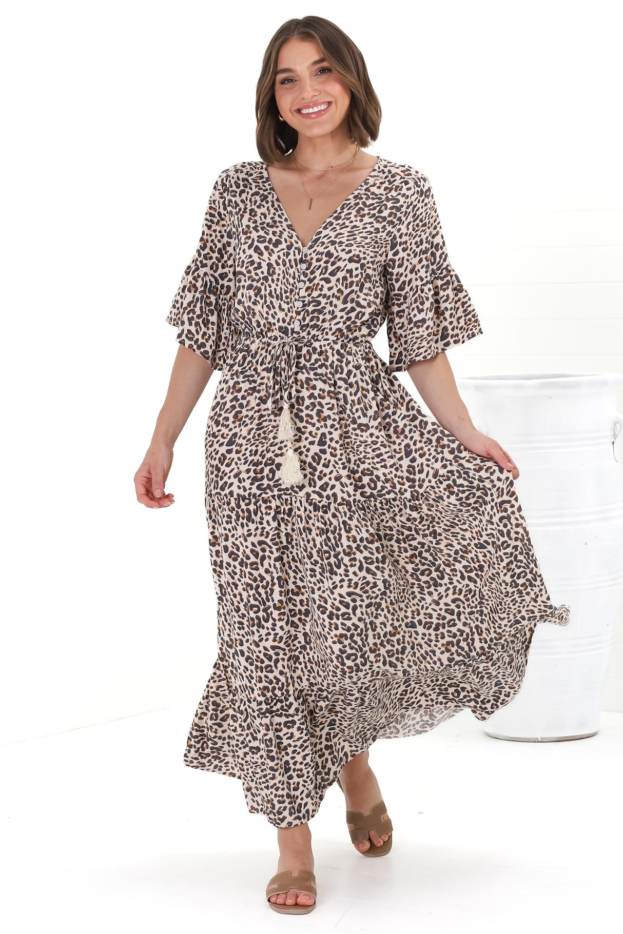 Rae Maxi Dress - Buttoned Bodice Pull Waist A Line Dress in Perrie Print