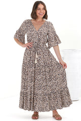 Rae Maxi Dress - Buttoned Bodice Pull Waist A Line Dress in Perrie Print