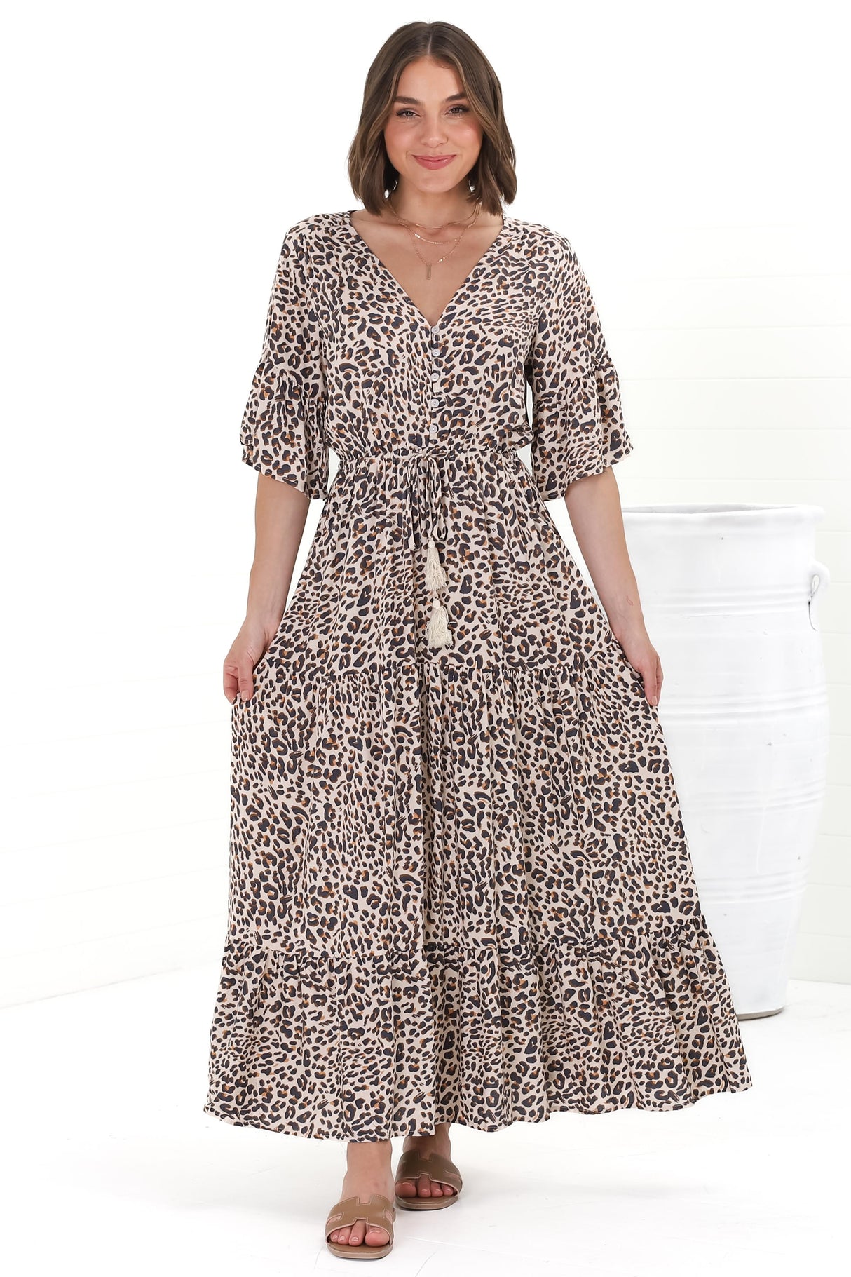 Rae Maxi Dress - Buttoned Bodice Pull Waist A Line Dress in Perrie Print