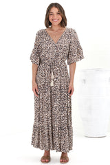 Rae Maxi Dress - Buttoned Bodice Pull Waist A Line Dress in Perrie Print