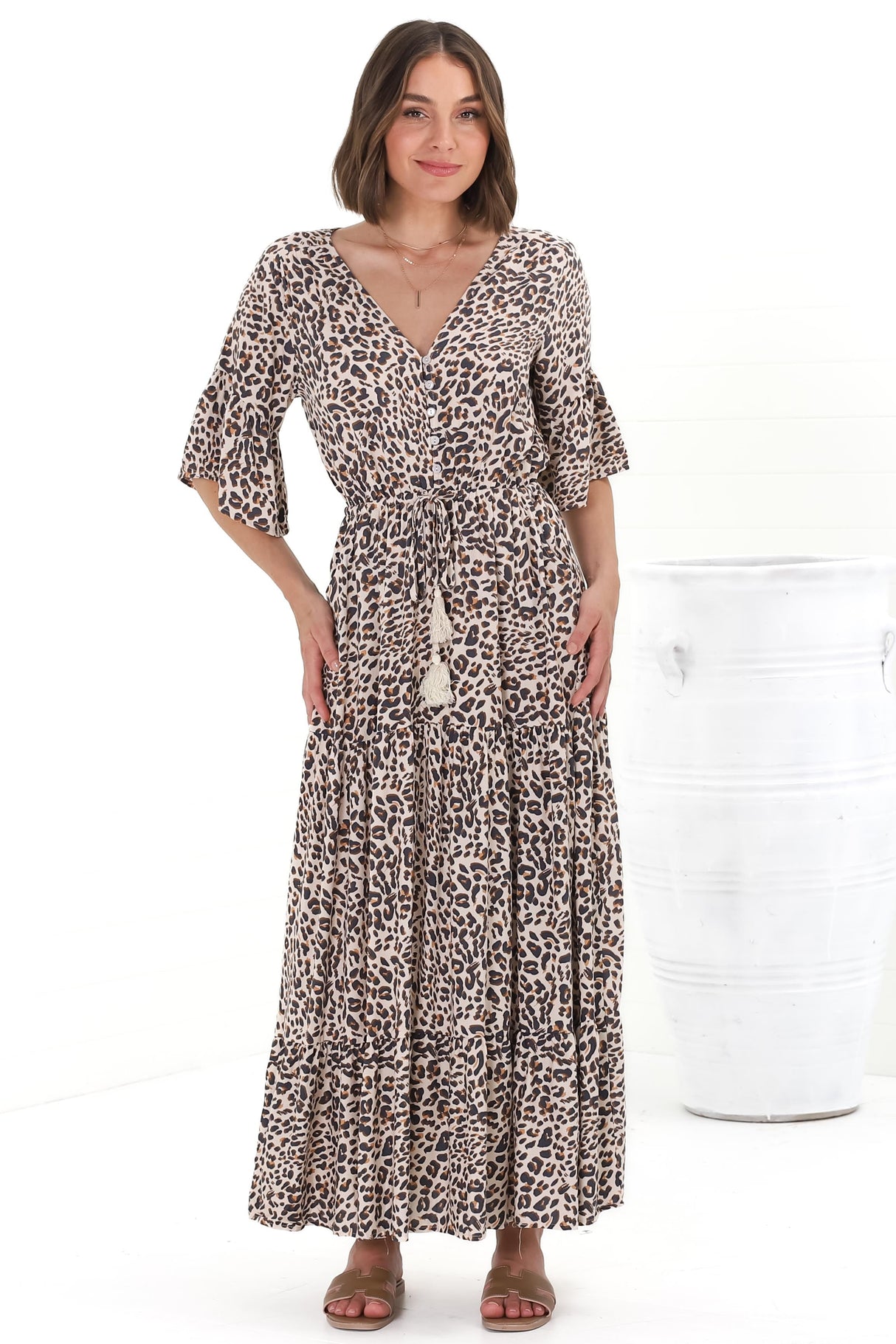 Rae Maxi Dress - Buttoned Bodice Pull Waist A Line Dress in Perrie Print