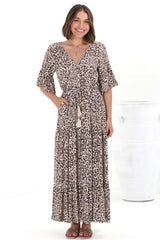 Rae Maxi Dress - Buttoned Bodice Pull Waist A Line Dress in Perrie Print