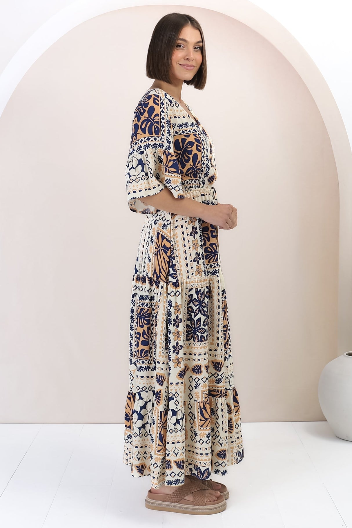 Rae Maxi Dress - Buttoned Bodice Pull Waist A Line Dress in Alphy Print