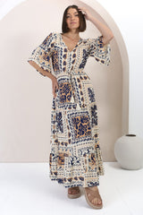 Rae Maxi Dress - Buttoned Bodice Pull Waist A Line Dress in Alphy Print