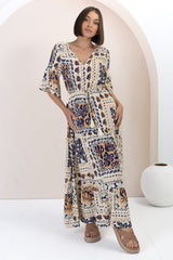 Rae Maxi Dress - Buttoned Bodice Pull Waist A Line Dress in Alphy Print