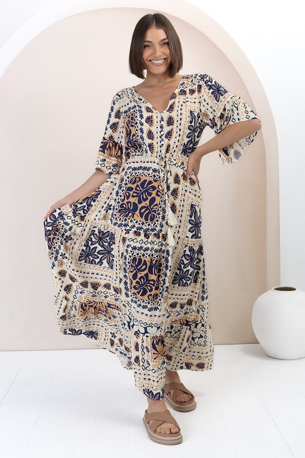 Rae Maxi Dress - Buttoned Bodice Pull Waist A Line Dress in Alphy Print