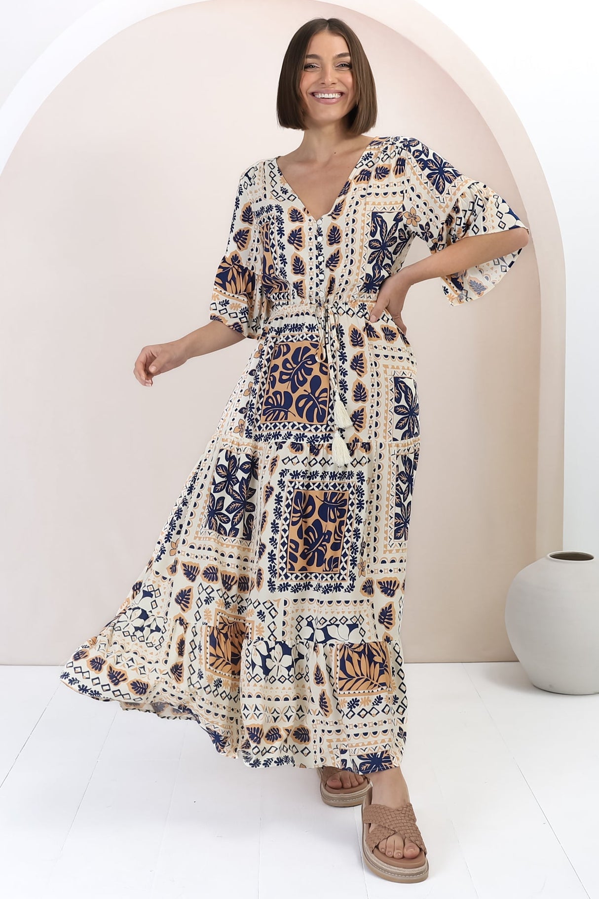 Rae Maxi Dress - Buttoned Bodice Pull Waist A Line Dress in Alphy Print