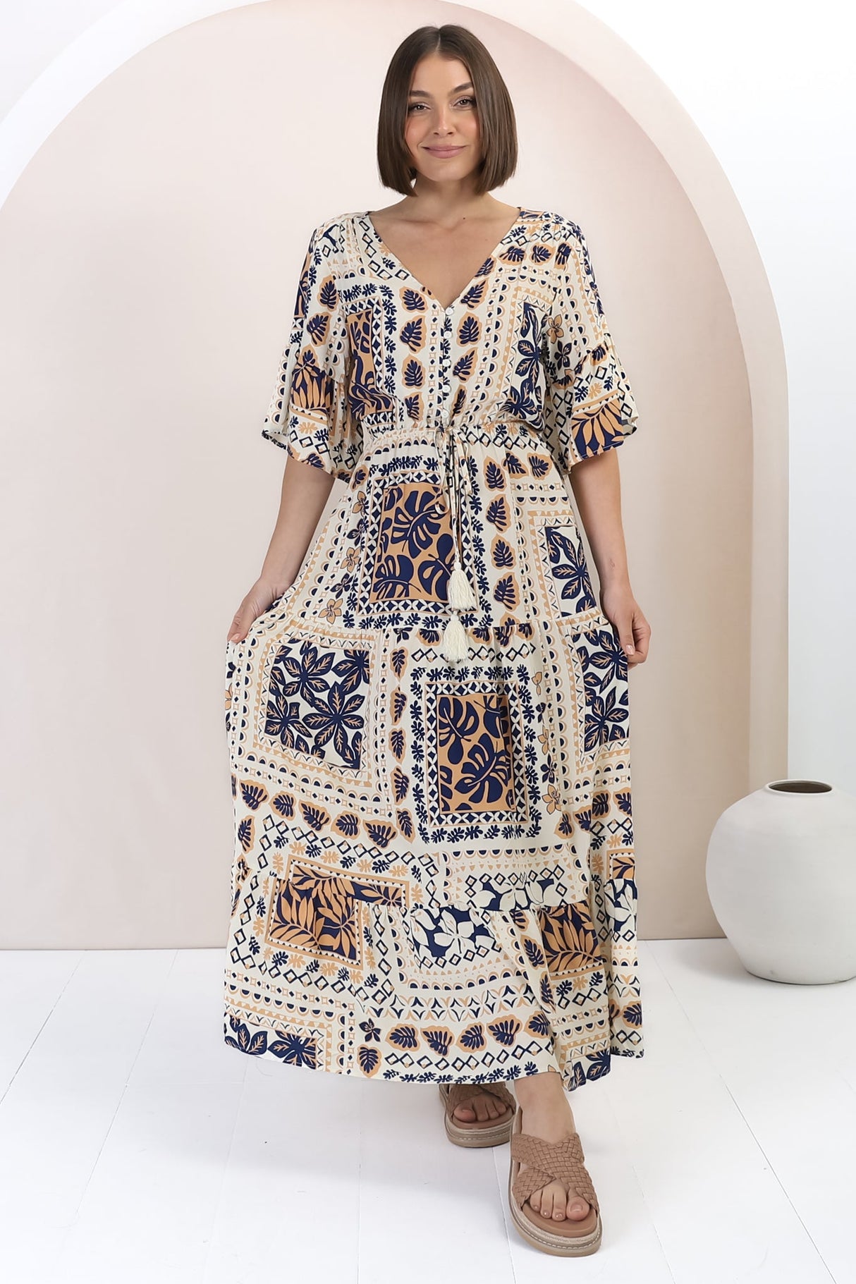 Rae Maxi Dress - Buttoned Bodice Pull Waist A Line Dress in Alphy Print