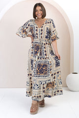 Rae Maxi Dress - Buttoned Bodice Pull Waist A Line Dress in Alphy Print