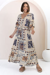 Rae Maxi Dress - Buttoned Bodice Pull Waist A Line Dress in Alphy Print