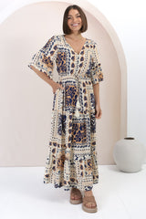 Rae Maxi Dress - Buttoned Bodice Pull Waist A Line Dress in Alphy Print