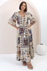 Rae Maxi Dress - Buttoned Bodice Pull Waist A Line Dress in Alphy Print