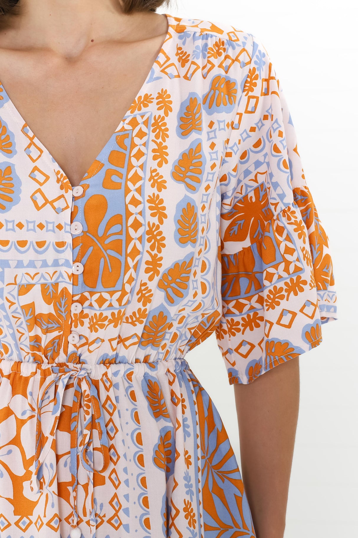 Rae Maxi Dress - Buttoned Bodice Pull Waist A Line Dress in Alphy Print Terracotta