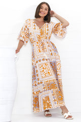 Rae Maxi Dress - Buttoned Bodice Pull Waist A Line Dress in Alphy Print Terracotta