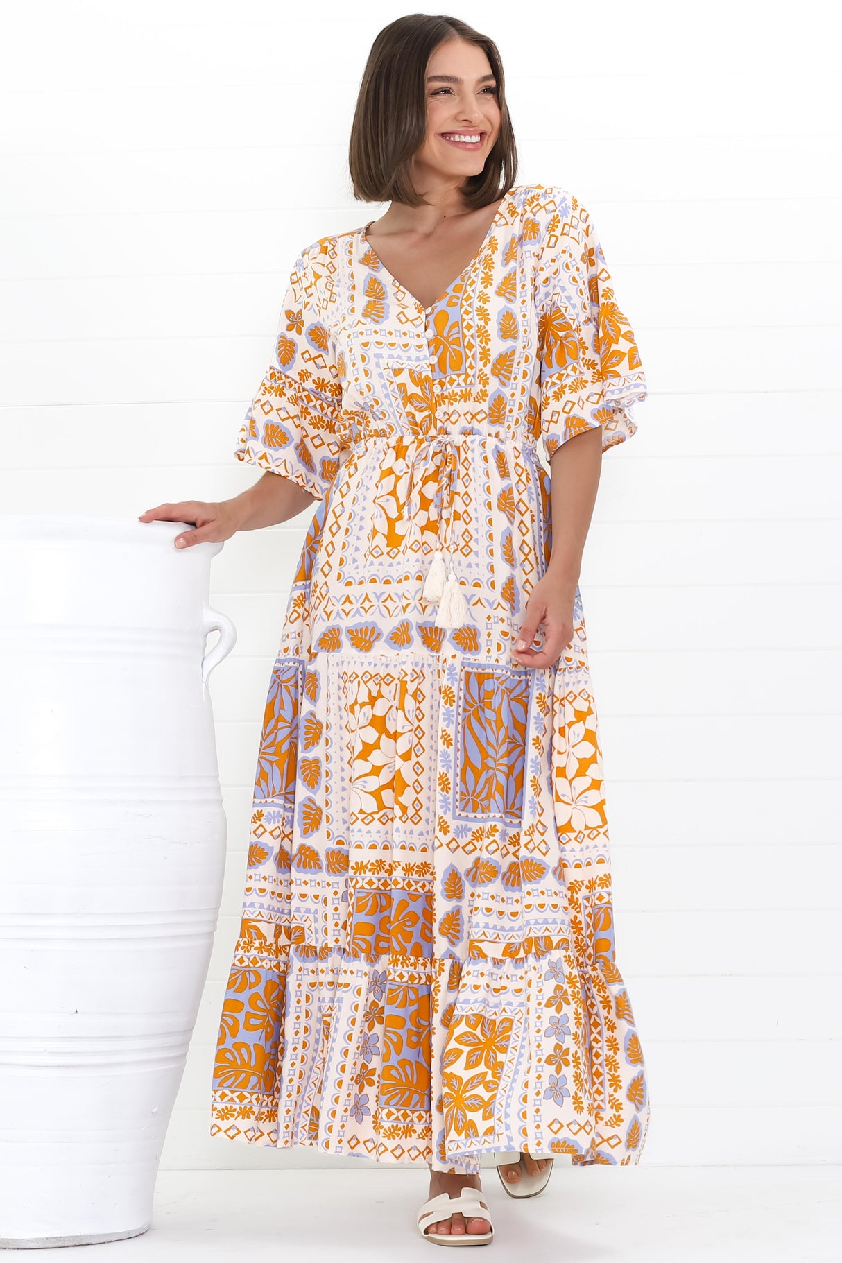 Rae Maxi Dress - Buttoned Bodice Pull Waist A Line Dress in Alphy Print Terracotta