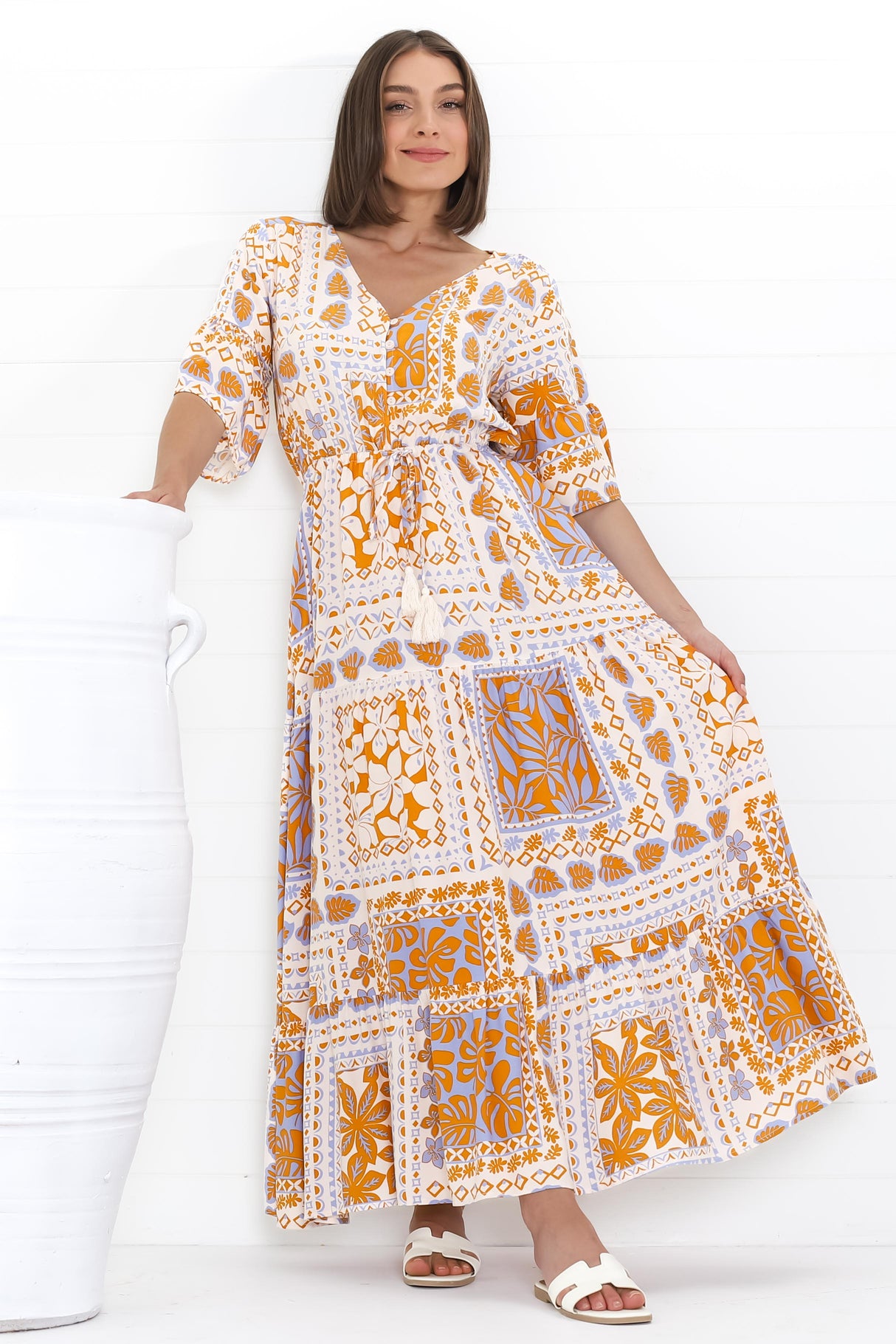 Rae Maxi Dress - Buttoned Bodice Pull Waist A Line Dress in Alphy Print Terracotta