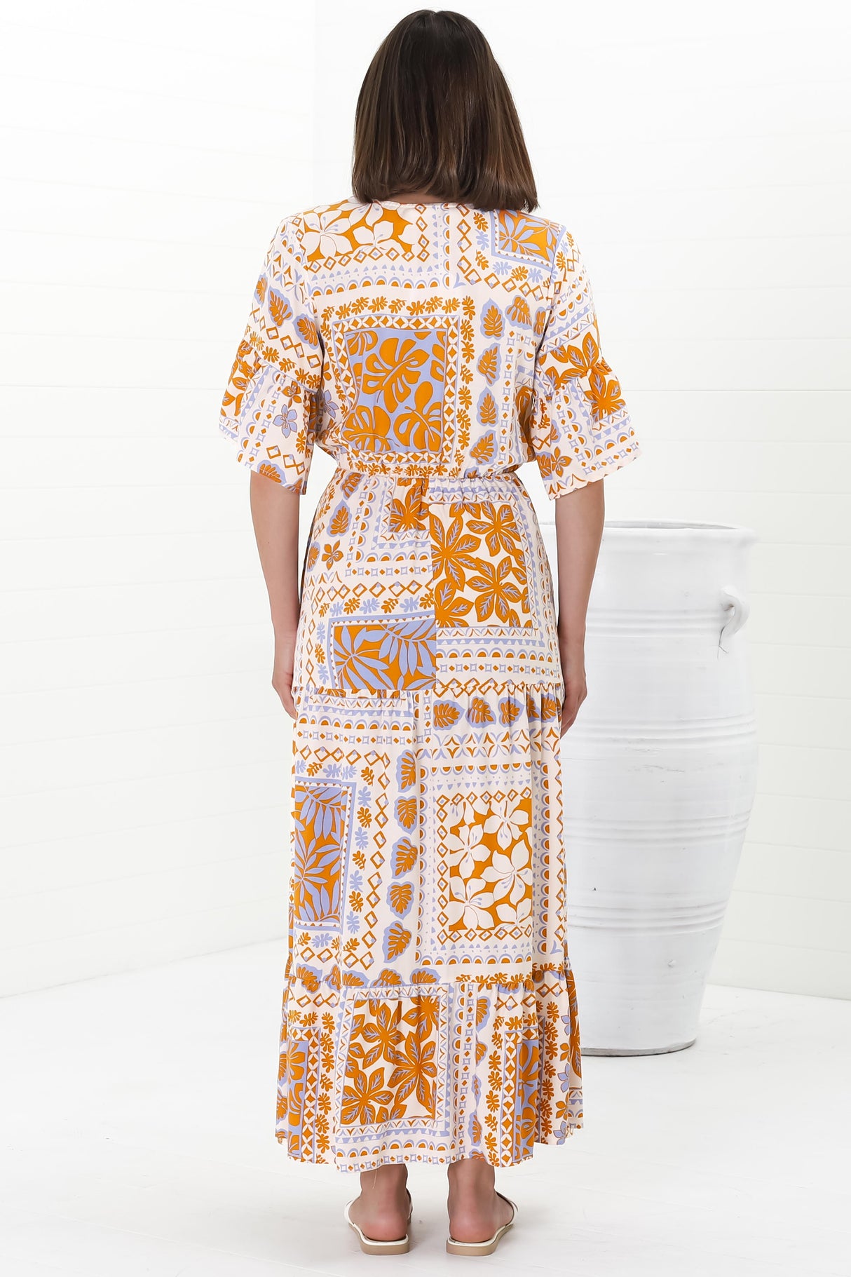 Rae Maxi Dress - Buttoned Bodice Pull Waist A Line Dress in Alphy Print Terracotta