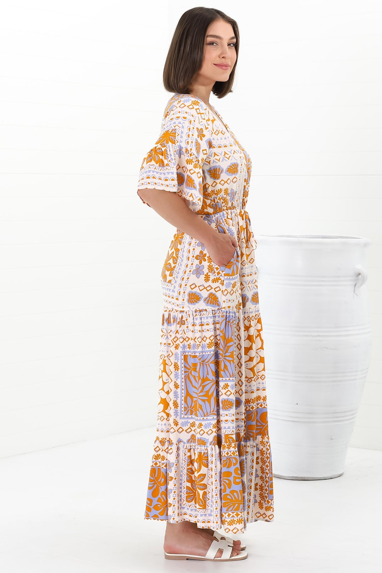 Rae Maxi Dress - Buttoned Bodice Pull Waist A Line Dress in Alphy Print Terracotta