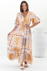 Rae Maxi Dress - Buttoned Bodice Pull Waist A Line Dress in Alphy Print Terracotta