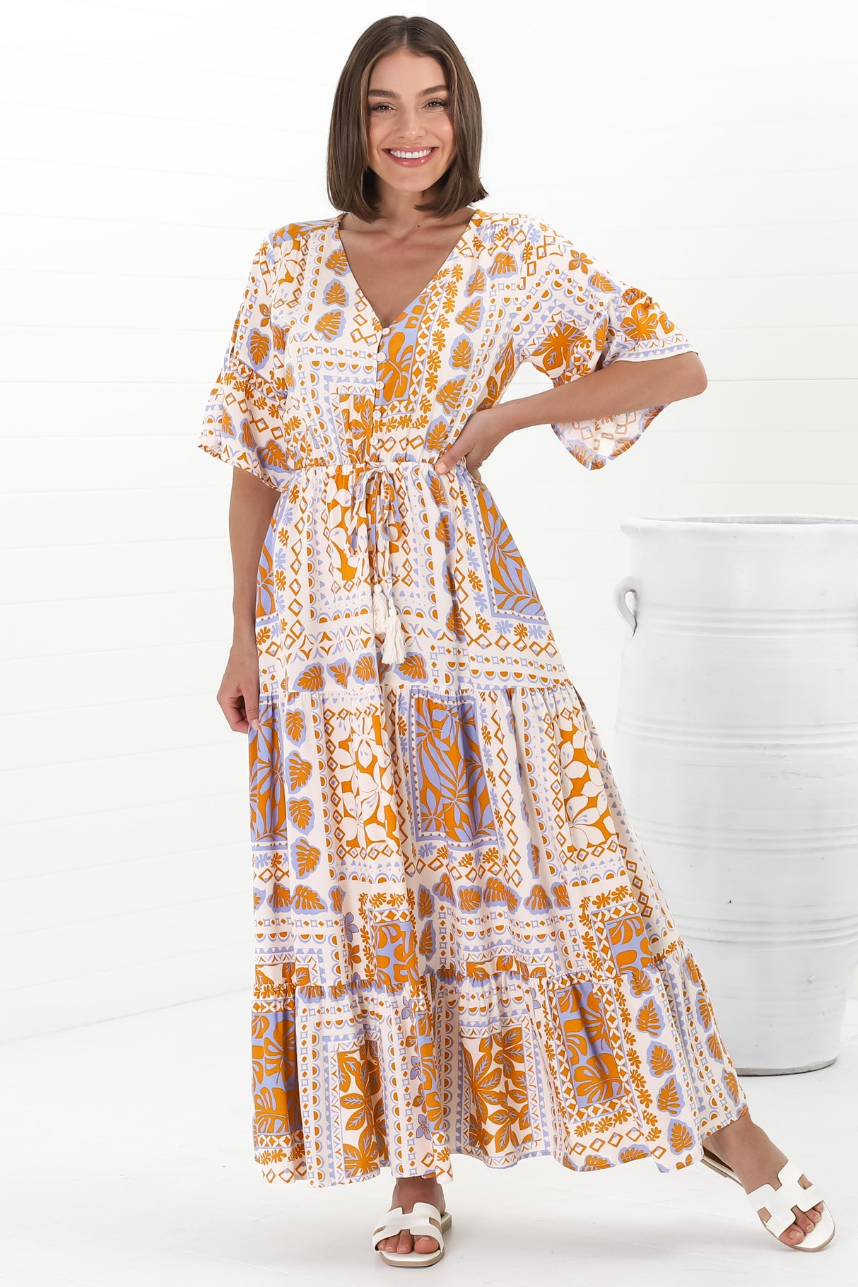 Rae Maxi Dress - Buttoned Bodice Pull Waist A Line Dress in Alphy Print Terracotta