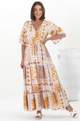 Rae Maxi Dress - Buttoned Bodice Pull Waist A Line Dress in Alphy Print Terracotta