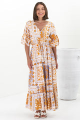 Rae Maxi Dress - Buttoned Bodice Pull Waist A Line Dress in Alphy Print Terracotta