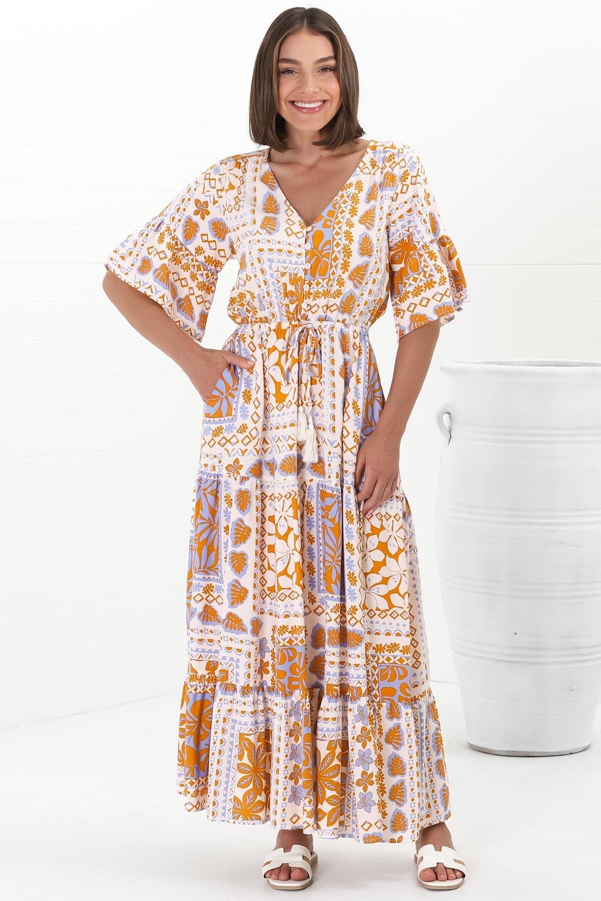 Rae Maxi Dress - Buttoned Bodice Pull Waist A Line Dress in Alphy Print Terracotta