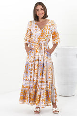 Rae Maxi Dress - Buttoned Bodice Pull Waist A Line Dress in Alphy Print Terracotta