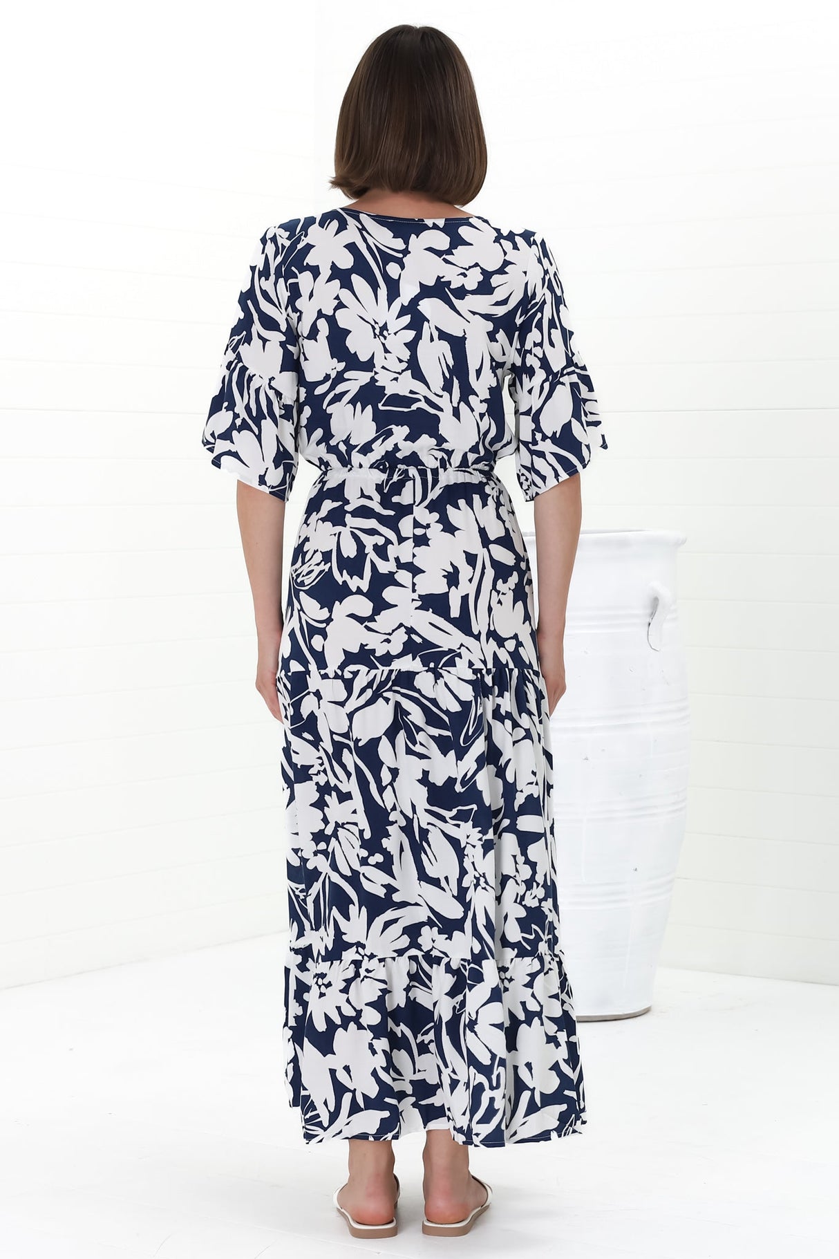 Rae Maxi Dress - Buttoned Bodice Pull Waist A Line Dress in Charis Print Blue