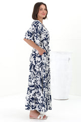 Rae Maxi Dress - Buttoned Bodice Pull Waist A Line Dress in Charis Print Blue