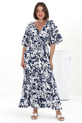 Rae Maxi Dress - Buttoned Bodice Pull Waist A Line Dress in Charis Print Blue