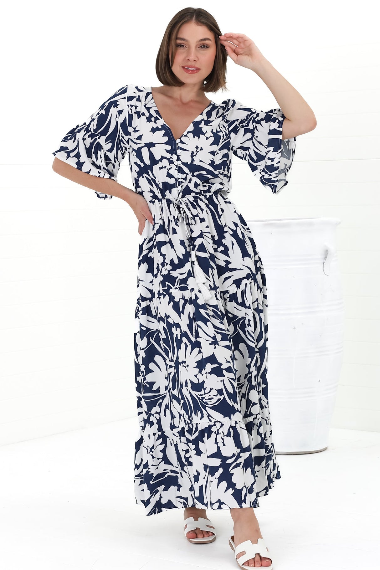 Rae Maxi Dress - Buttoned Bodice Pull Waist A Line Dress in Charis Print Blue