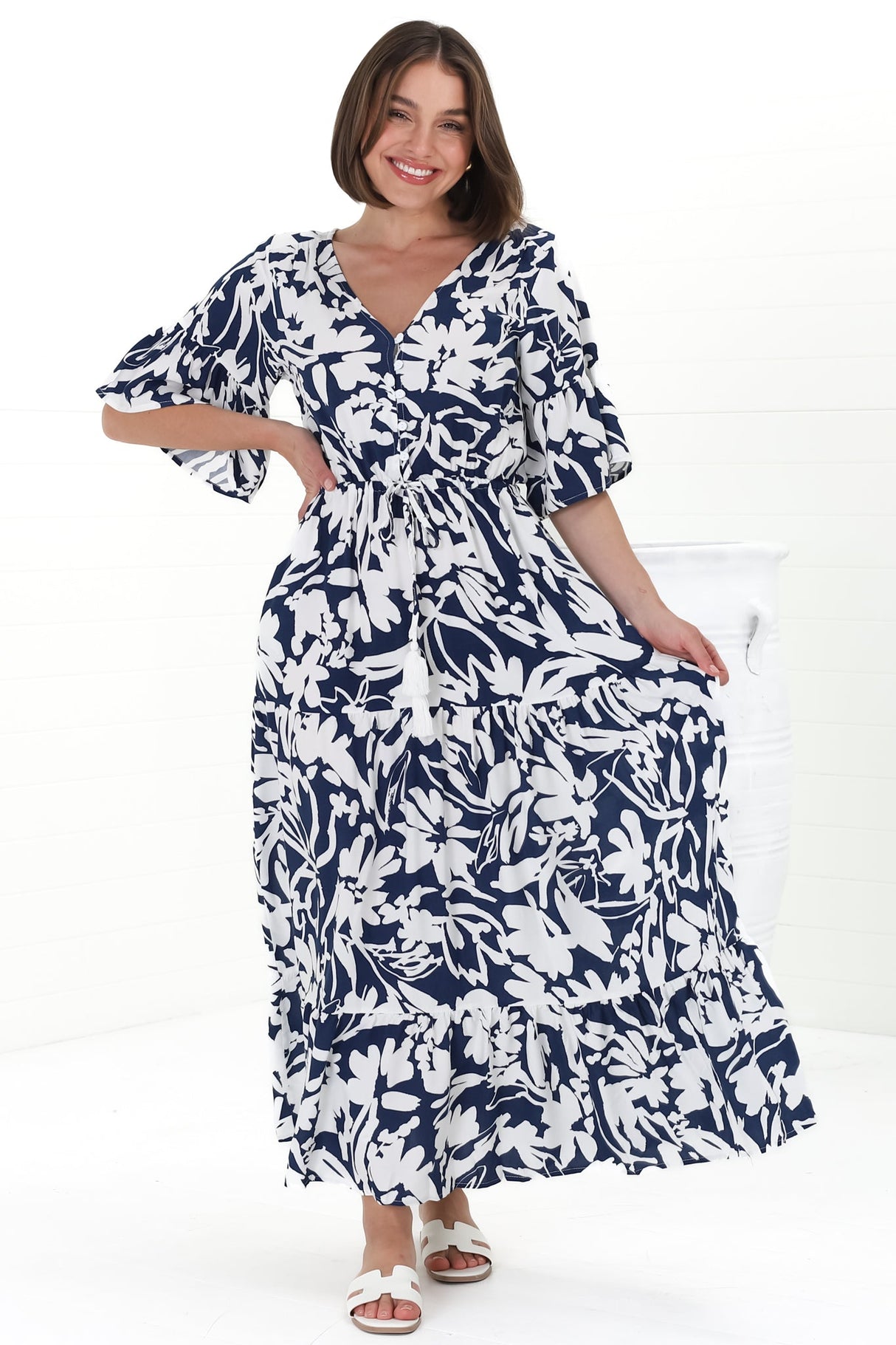 Rae Maxi Dress - Buttoned Bodice Pull Waist A Line Dress in Charis Print Blue