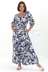 Rae Maxi Dress - Buttoned Bodice Pull Waist A Line Dress in Charis Print Blue