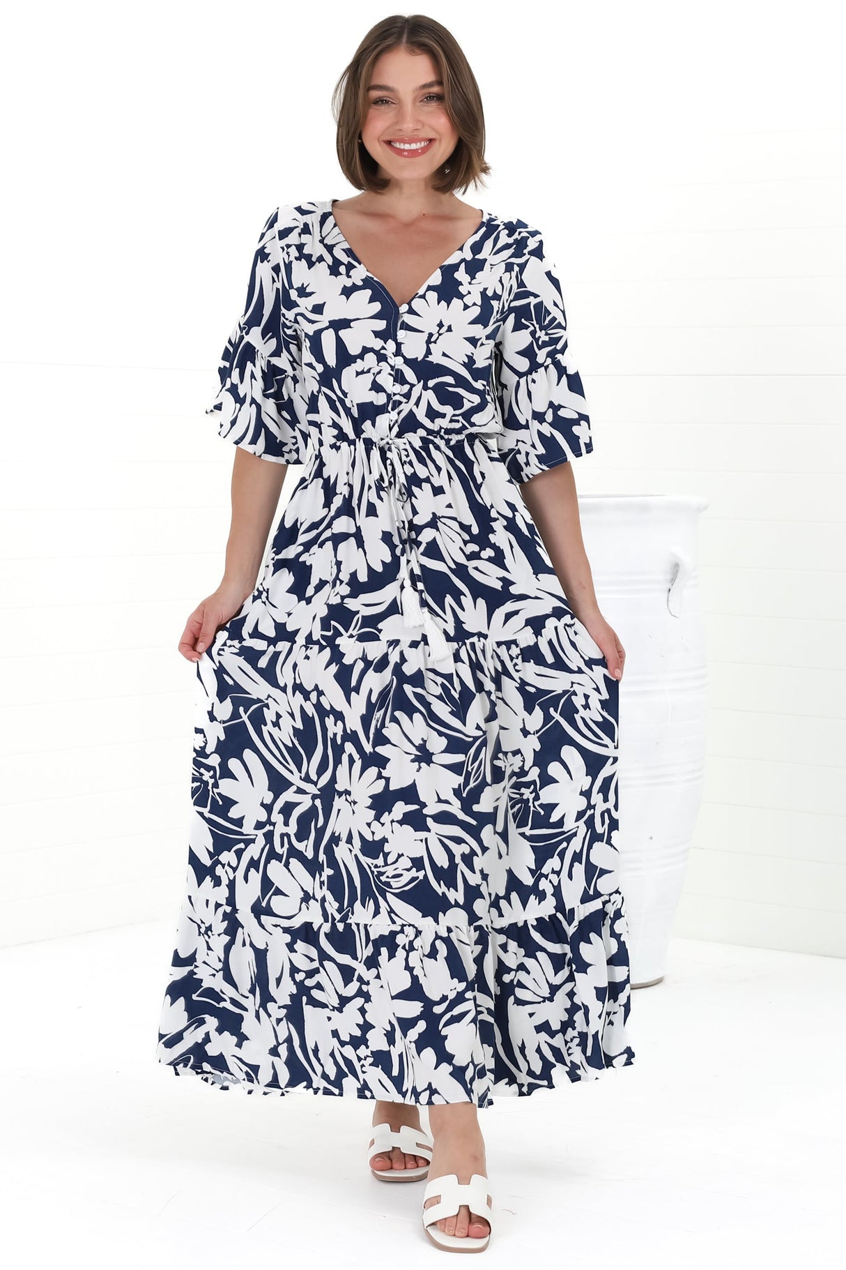 Rae Maxi Dress - Buttoned Bodice Pull Waist A Line Dress in Charis Print Blue