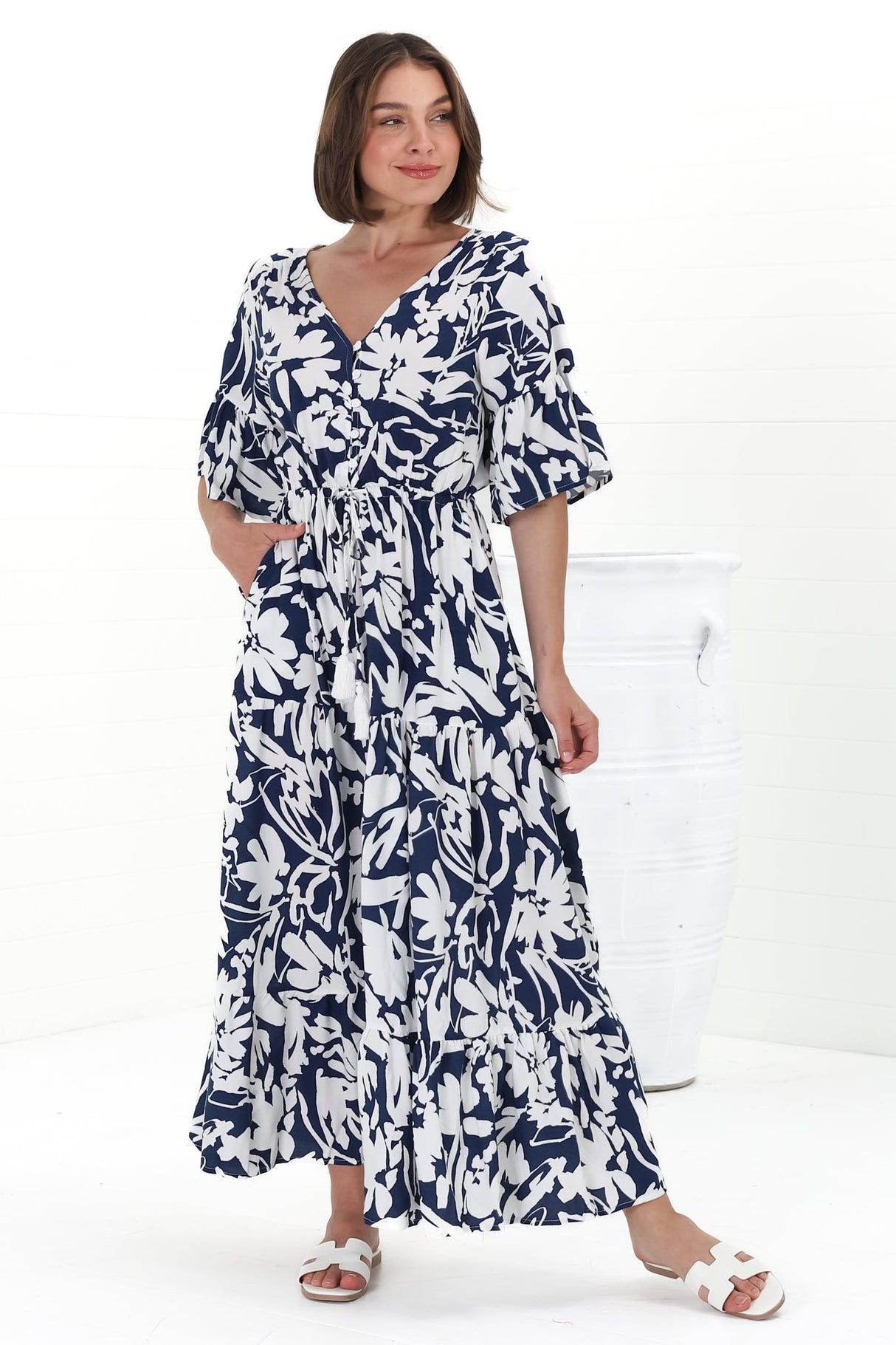 Rae Maxi Dress - Buttoned Bodice Pull Waist A Line Dress in Charis Print Blue