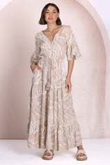 Rae Maxi Dress - Buttoned Bodice Pull Waist A Line Dress in Jeani Print Beige