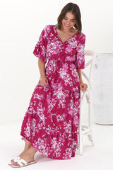 Rae Maxi Dress - Buttoned Bodice Pull Waist A Line Dress in Kimberly Print